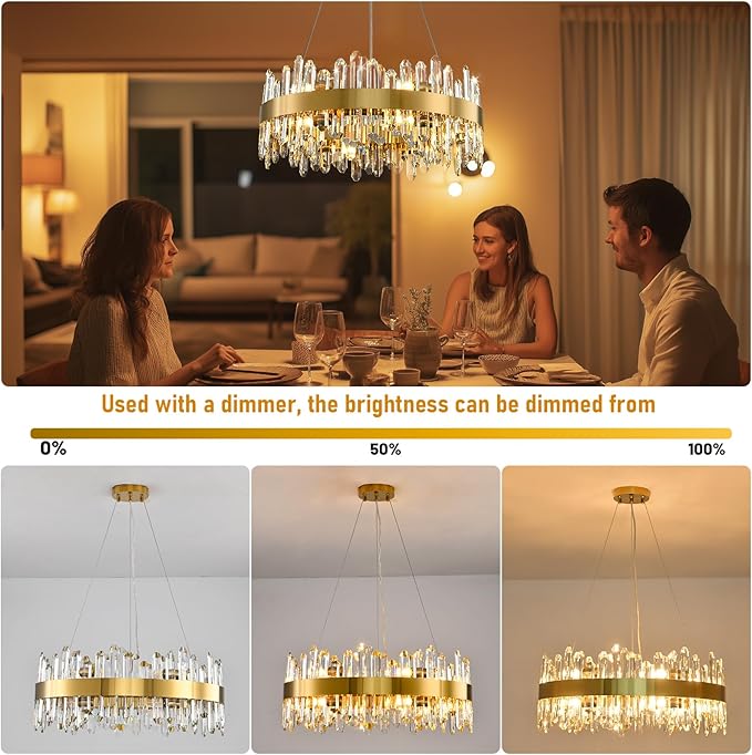 Modern Crystal Chandelier, 24in K9 Crystal Chandeliers for Dining Room, 12 Lights 2 Tier Dimmable Round Gold Chandelier, Adjustable Modern Chandeliers for Living Room, Bedroom, Bathroom, Kitchen Foyer