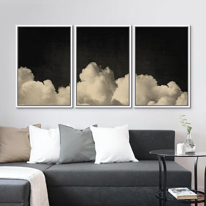 MUDECOR Framed Canvas Print Wall Art Dramatic Cloudscape Black and Beige Sky Illustrations Realism Decorative for Living Room, Bedroom, Office - 16"x24"x3 White