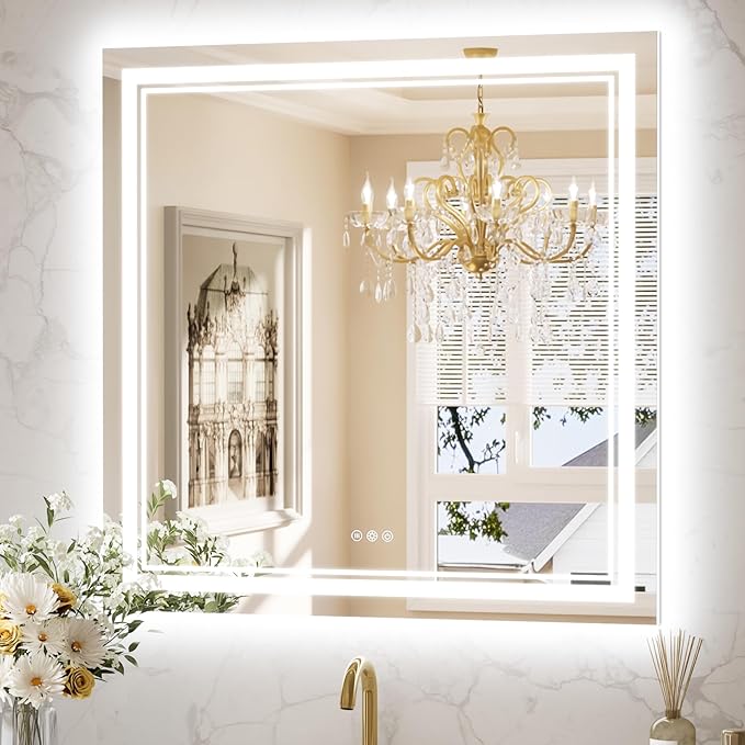 Keonjinn Led Bathroom Mirror with Lights, 36" x 36" Frontlit and Backlight, Stepless 3 Colors Temperature & Dimmable Wall Mirror, UL Listed LED Driver, Double LED Strips Tempered Glass Lighted Mirror