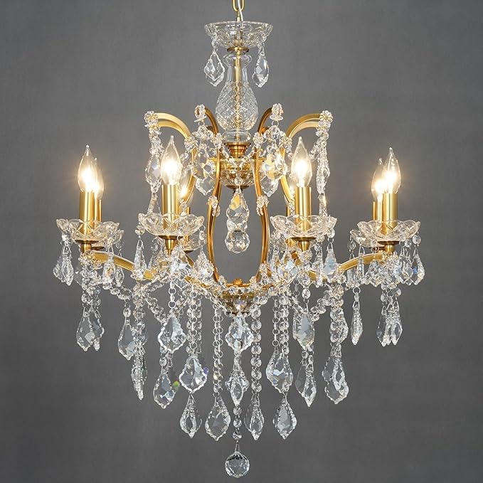 Antique Gold Crystal Chandeliers, Candle Pendant Ceiling Light Fixture 8-Lights Luxury Polished Golden Bronze Crystal Chandelier Adjustable Chain for Dining Living Room Foyer Hallway