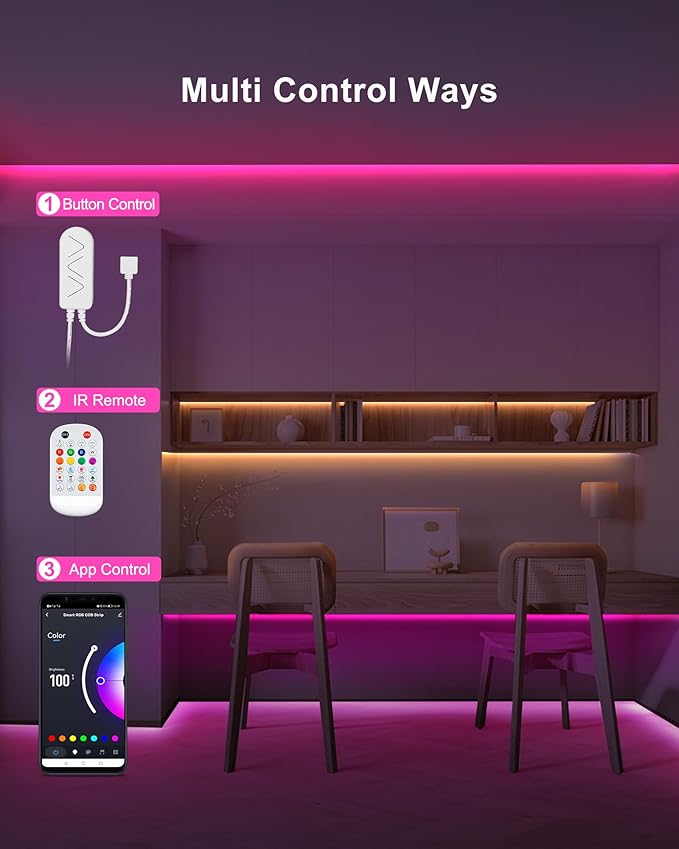 4.92ft Bluetooth RGB COB Led Strip Lights with Remote, Dimmable Smart App Led COB Light Strip, Color Changing Music Sync, Indoor RGB Led Lights for Bedroom, Home Decor, Party