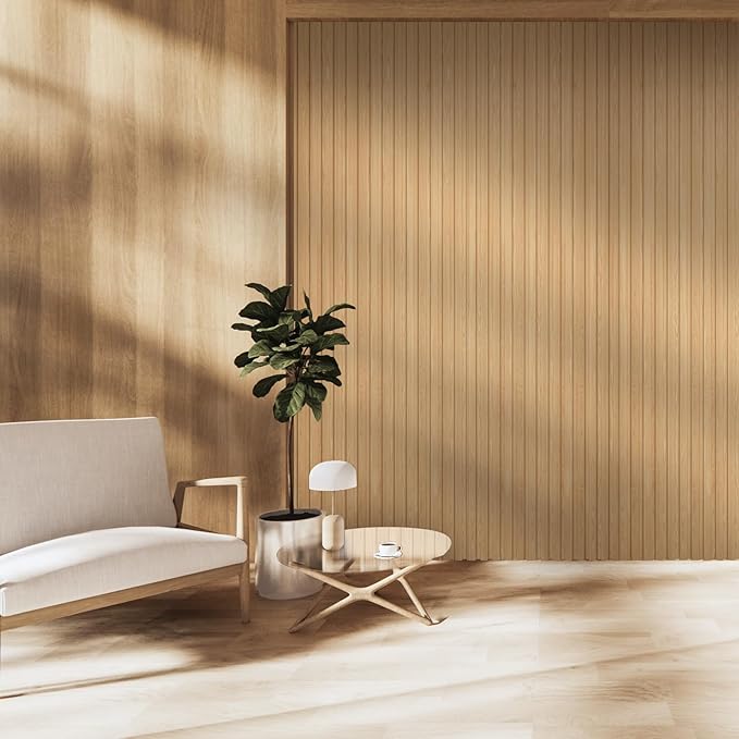 OUZUGIE WPC Acoustic Slat Wall Paneling, 8-Pack 96 x 6 Inches 3D Wall Panels for Interior Wall Decor,Living Room,TV Background,Study Room,Office Spaces,Bedroom,Low Grille (Oak)
