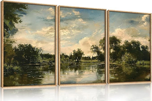 Aryroi Large Natural Forest and Lake Framed Canvas Wall Art,Modern Countryside Wall Decor,Vintage Neutral Landscape Artwork,Rustic Antique Scenery Art Print for Living Room,Bedroom,Office- 16"x24"x3