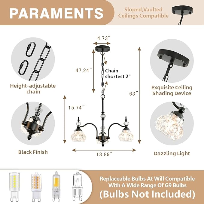 Black Chandelier, 3-Light Crystal Chandeliers for Dining Room, Farmhouse Dining Room Light Fixture, Dining Room Light Fixtures Over Table, Modern Hanging Pendant Lights for Bedroom, Kitchen Island