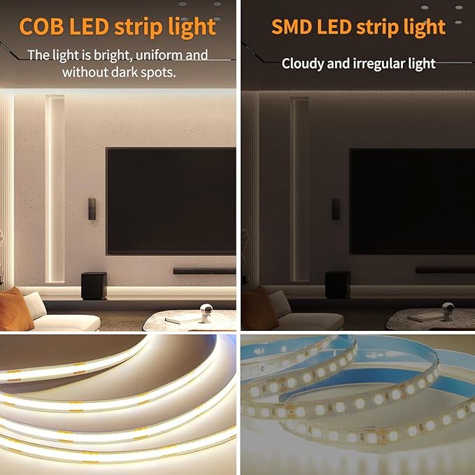 50 FT COB LED Strip Lights Warm White Dimmable DC 24V 3000K Flexible LED Tape Light for Bedroom, with Remote and app Control LED Tape Lights,for DIY Home Decoration