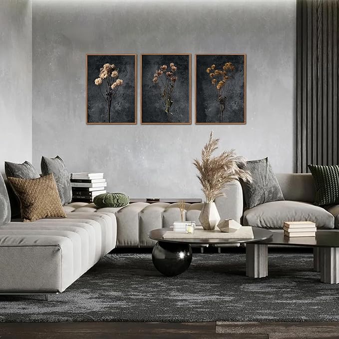 LHIUEM Dark Moody Wildflowers Framed Canvas Wall Art Set of 3(12”X16”) Minimalist Wildflower Wall Decor Vintage Black Flower Botanical Painting Aesthetic Floral Artwork for Living Room Bedroom Office