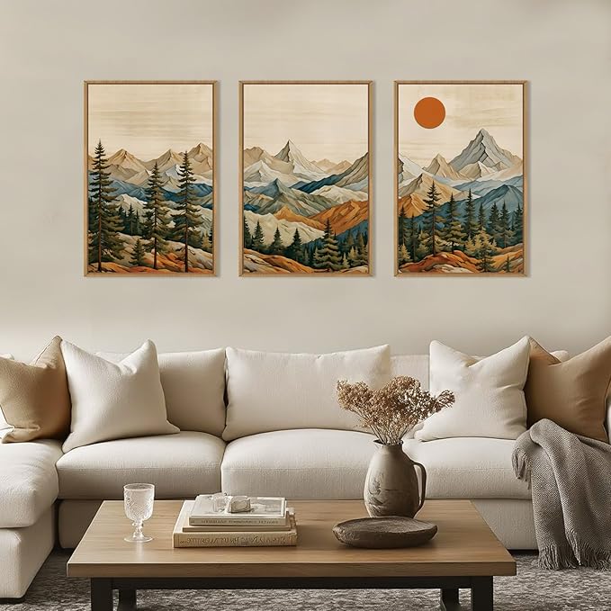 Ausril Boho Woodcut Mountain Framed Canvas Wall Art Set, Woodcut Pine Tree Wall Decor, Brown Wooden Forest Wall Painting, Vintage Mountain Sunrise Art Print for Living Room, Bedroom, Office 16"X24"X3
