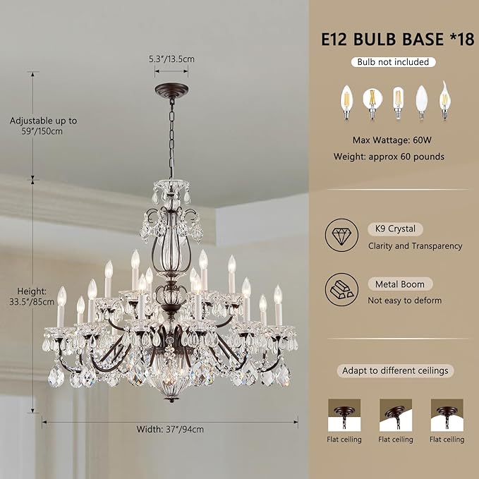 18 Lights Large Crystal Chandeliers for High Ceilings Brown Maria Theresa Chandelier Modern Chandelier Light Fixture for Foyer Entryway Staircase Hallway High Ceiling Living Room Dia 37 inch