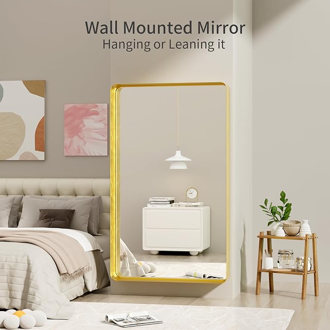 Koonmi Gold Wall Mirror for Bathroom, 36x60 Inch Matte Deep Framed Rounded Rectangle Vanity Mirror for Farmhouse Living Room, Tempered Glass, Anti-Rust, Vertically or Horizontally