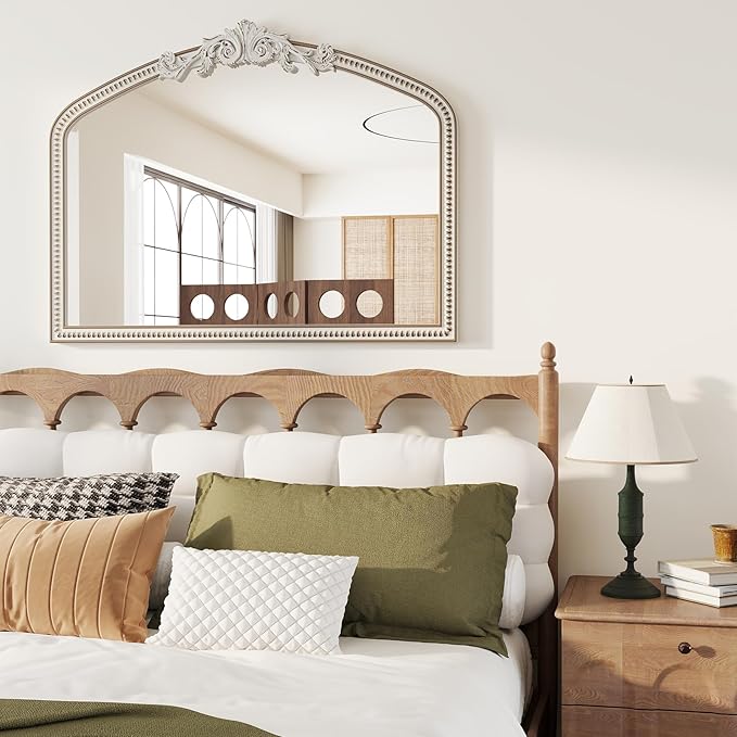 42''x32'' Baroque Wide Arched Wall Mirror, Ornate Wooden Farmhouse Arch Decorative Mirrors for Entryway, Fireplace, Bathroom with Beads Decor