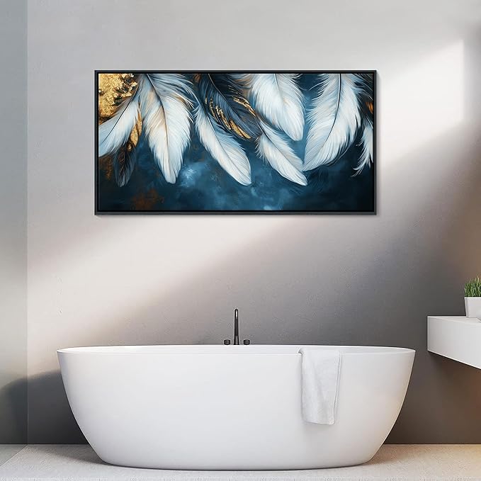 Mofutinpo Blue and Gold Wall Art Framed Navy Blue Decor for Living Room Feather Canvas Art Wall Pictures, Blue Bedroom Wall Decor Above Bed Pictures Wall Decor, Painting - Artwork for Walls 24×48IN