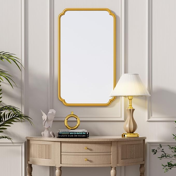 26"x40" Rustproof Bathroom Mirror Gold, Round Corner Metal Frame Wall Mirror, Horizontal/Vertical Hanging Over Sink, Bedroom Bathroom Decor