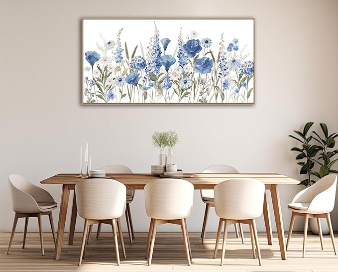 arteWOODS Elegant Flowers Framed Wall Art - Blue White Botanical Pictures for Wall Decor Floral Blossom Canvas Painting Print Artwork for Living Room Bedroom Home Office Wall Decoration 29" x 58"