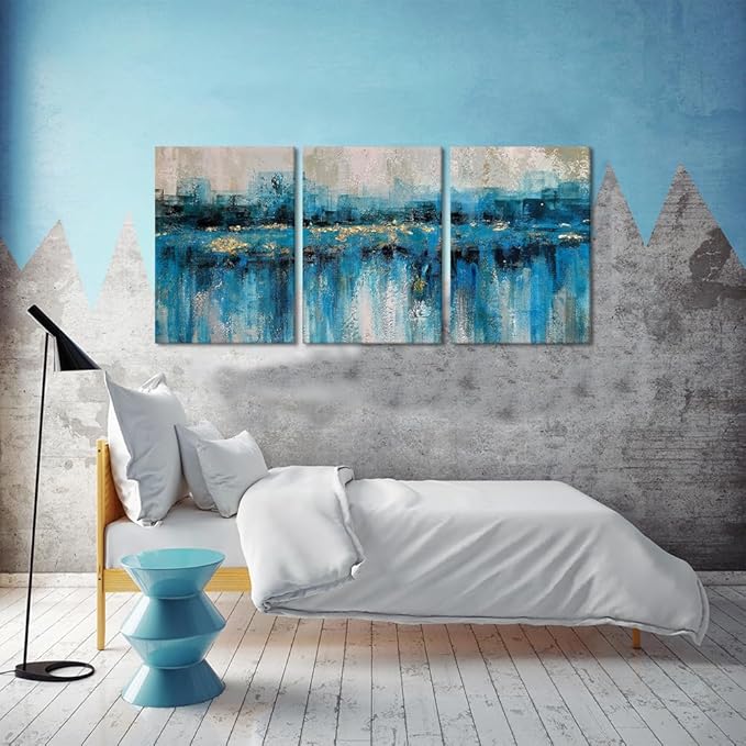 MAMAGO Abstract Wall Art Blue Gold City Landscape Canvas Print Picture for Modern Home Office Wall Artwork Framed Easy to Hang-20”W x 28”Hx3pcs