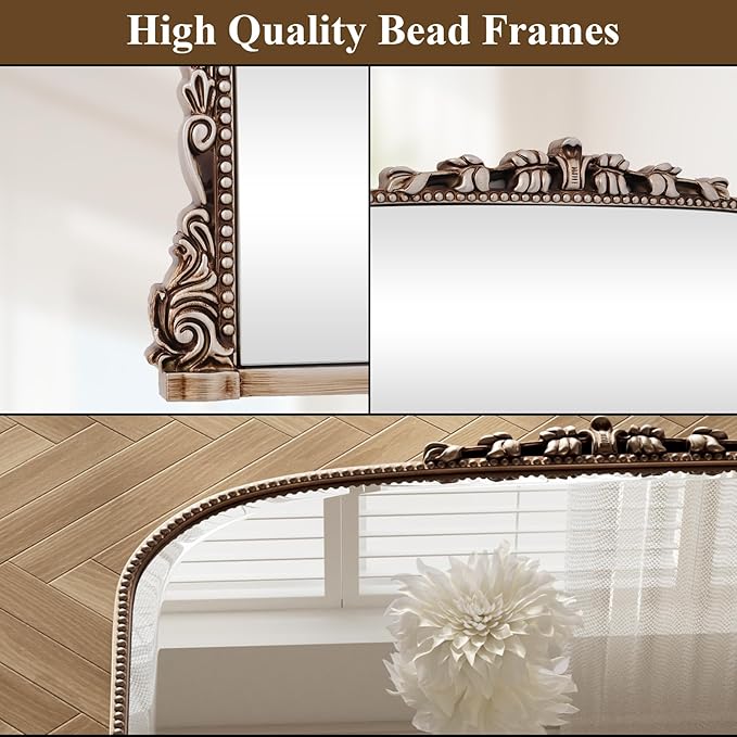 40x28 Beaded Arched Mirror, Bathroom Mirror for Over Sink, Metal Frame Wall Decor for Entryway, Bedroom, Living Room, Silver