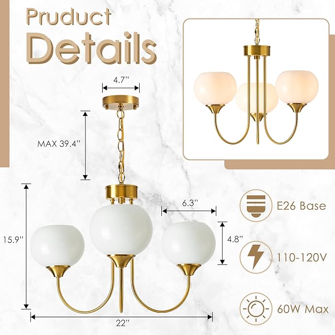 Modern Globe Chandelier 3 Light Mid Century White Milk Glass Vintage Sputnik Chandeliers Gold Pendant Light Fixtures for Dining Room Kitchen Living Room Bedroom