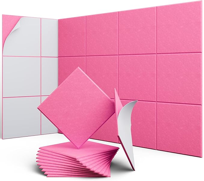 12 Pack 12" X 12" X 0.4" Acoustic Panels for Wall Sound Absorbing, Square Self-Adhesive Sound Panel, High Density Suitable for Multiple Scenarios(PeachPink)