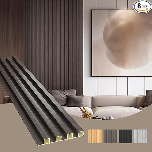 OUZUGIE WPC Acoustic Slat Wall Paneling, 8-Pack 114 x 6 Inches 3D Wall Panels for Interior Wall Decor,Living Room,TV Background,Study Room,Office Spaces,Bedroom,High Grille (Walnut)