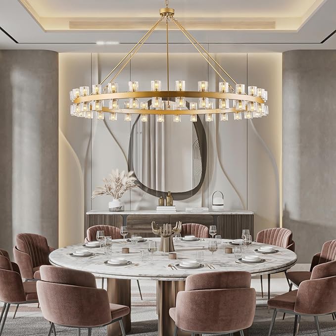 60 Inch Gold Wagon Wheel Chandelier with Crystal Shade, 60 Lights, Modern Farmhouse Style, Ideal for Dining Room, Kitchen, Entryways