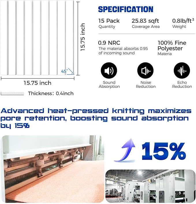 10Pack Large Self-Adhesive Soundproof Wall Panels, 15.7 x 15.7 x 0.4in Sound Proof Foam Panels for Walls, 0.9lb/ft³ High Density,Acoustic Panels, Sound Dampening Panels White