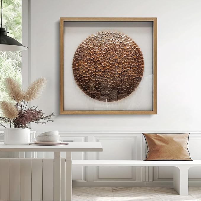 BrightA Natural Wood Paper Cylinder Wall Art Brown Gradient Color Circular Design with Earthy Tones Framed Artwork Modern Minimalist Home Decor for Living Room 31.5"x31.5"