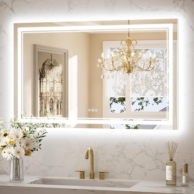 Keonjinn LED Bathroom Mirror 48” x 30” with Frontlit and Backlight, Stepless 3 Colors Temperature & Dimmable Wall Mirror, Tempered Glass, UL Listed LED Driver, Double Lights, Anti-fog Frameless Mirror