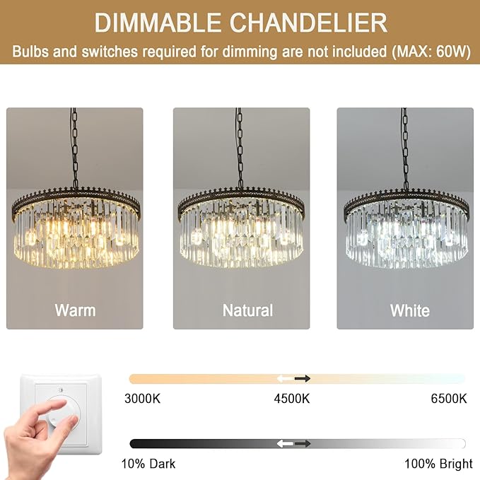 6-Light Crystal Chandelier, 21.6" Modern Farmhouse Crystal Light Fixture, Vintage Antique Bronze Round Hanging Lighting Fixture for Dining Room Foyer Living Room Entryway