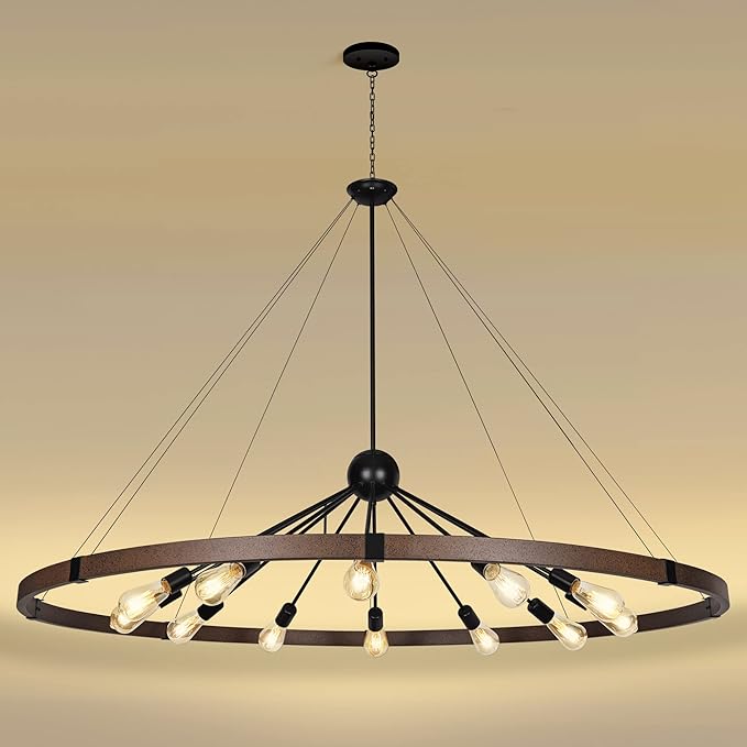 59'' Large Rustic Dining Room Light Fixture, 12-Light Farmhouse Wagon Wheel Chandelier, Industrial Round Chandeliers for Entryway Living Room, Vintage Rust and Black Finishe