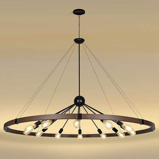 59'' Large Rustic Dining Room Light Fixture, 12-Light Farmhouse Wagon Wheel Chandelier, Industrial Round Chandeliers for Entryway Living Room, Vintage Rust and Black Finishe
