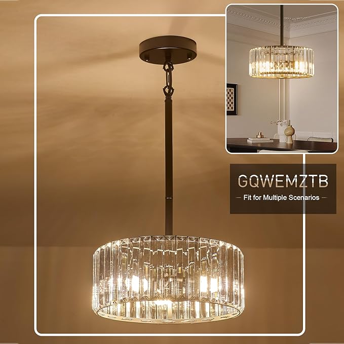 Modern Crystal Black Chandelier,11.7 inch semi Flush Mount Ceiling Dining Light Fixture with 3*E12 Base,Round Pendant Lighting for Dining Room Bedroom Hallway Bathroom Foyer Kitchen