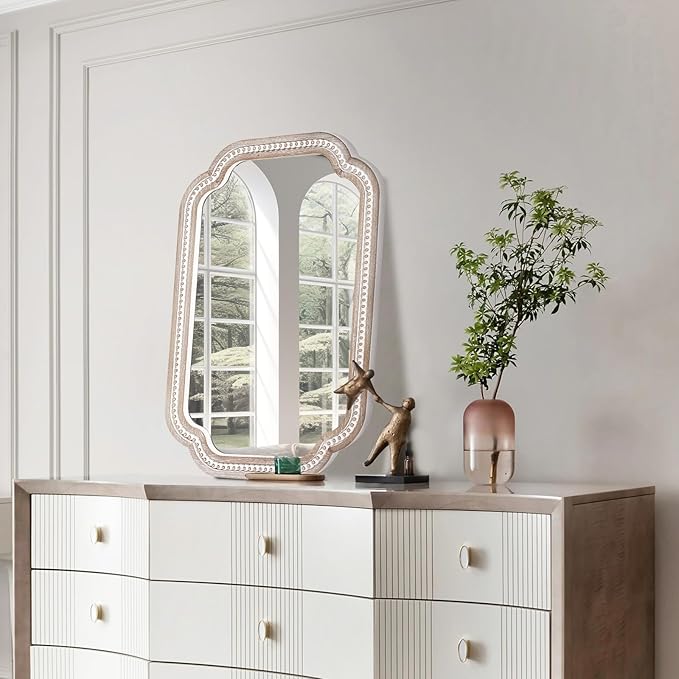 36x24'' Boho Decorative Wall Mirrors with Beaded, Wooden Scalloped Bathroom Mirrors for Over Sink, Farmhouse Style for Bedroom, Living Room, Entryway - Vertical/Horizontal Hanging