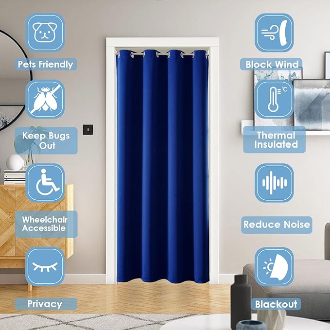 ChrisDowa Blackout Door Curtains for Doorway Privacy, Grommet Closet Curtains for bedroom closet door, Thermal Insulated Temporary Doorway Cover Room Divider Drapes (1 Panel, Royal Blue, 52 x 80 Inch)