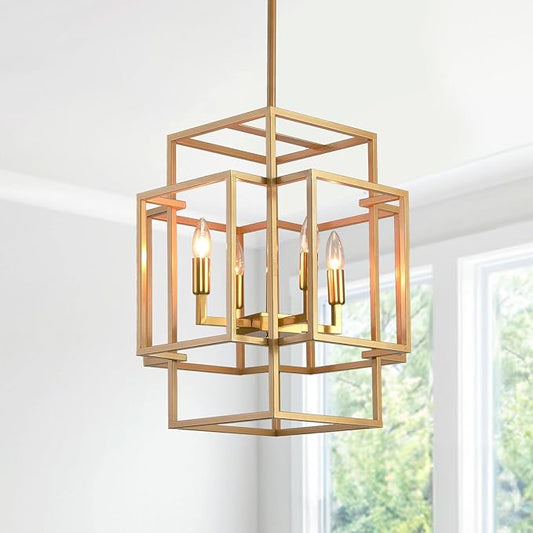 4-Light Modern Gold Chandelier, Farmhouse Dining Room Light Fixture, Industrial Ceiling Foyer Lighting Fixtures, for Kitchen Island Staircase Hallway Entryway