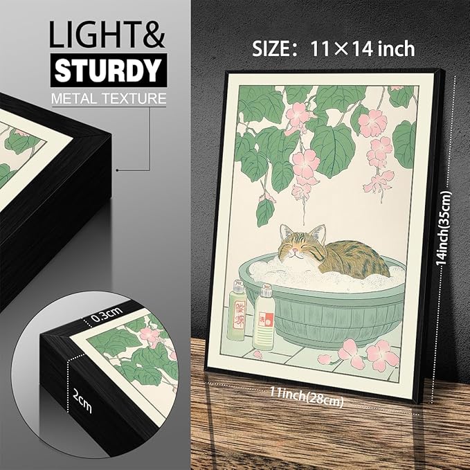 Black Framed Canvas Wall Art Posters Tabby Cat In Bathtub Prints Rustic Neutral Japanese Cute Restroom Animal Painting Funny Japan Cat for Bedroom Living Room Bathroom 11x14in