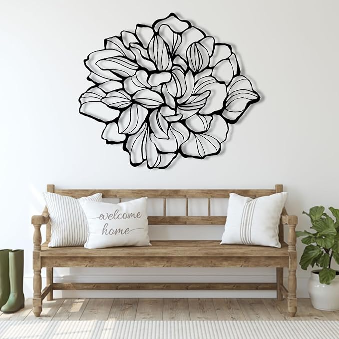 Metal Flowers Wall Decor, Metal Flower Wall Art, Minimalist Flower Line Wall Decor, Wall Art for Living Room, Bathroom, Bedroom, Housewarming Gift, Gift for Her (38"W x 33"H / 96 x 83 cm, black)