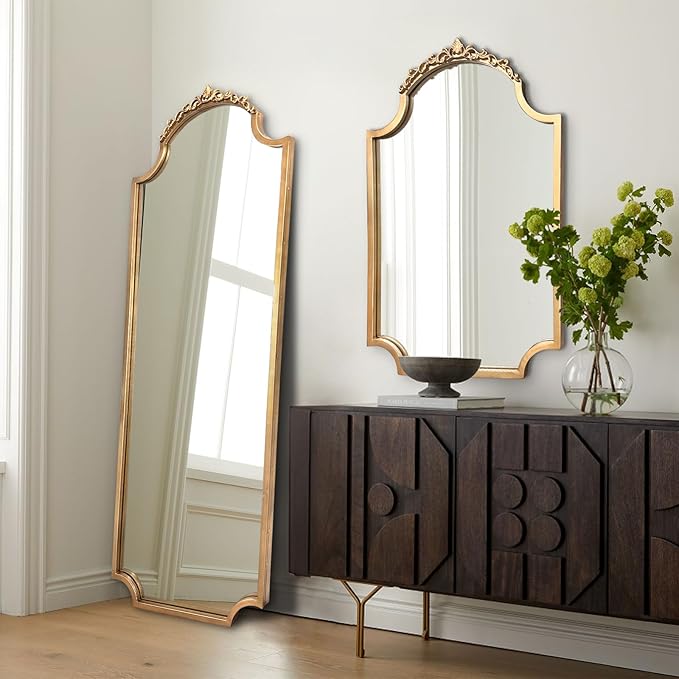 Large Gold Vintage Mirror, 53"x20" Arched Standing Floor Mirror, Ornate Baroque Mirrors, Traditional Carved Mantel Mirrors for Living Room Fireplace Bathroom Bedroom Entryway
