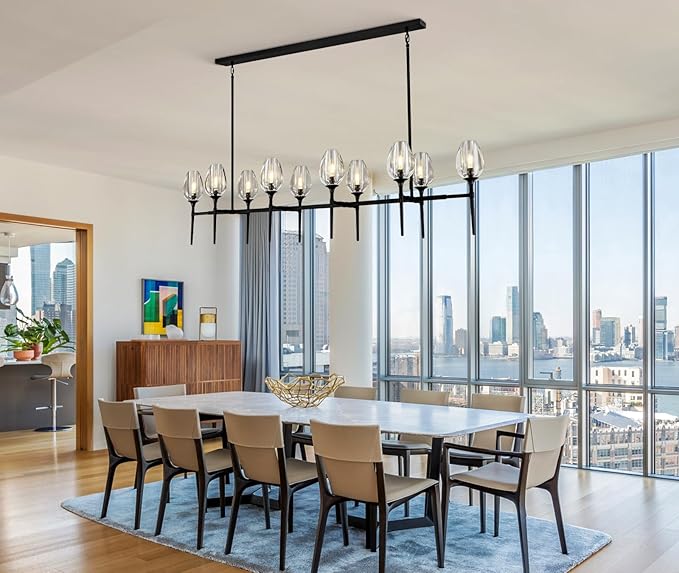 Modern Crystal Chandelier 10 Lights Black, 65in Tulip Black Rectangle K9 Crystal Chandeliers, Pendant Ceiling Light for Dining Living Room Bedroom Entryway, E12 Bulbs Included