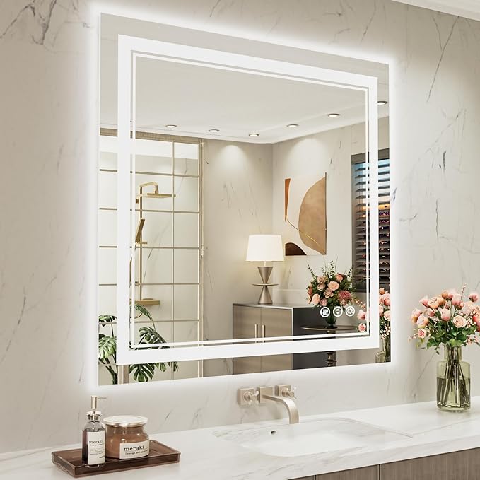 40 x 38 Inch LED Bathroom Mirror, Front Light and Backlit Anti-Fog Dimmable Memory Lighted Vanity Mirror, Shatterproof Wall-Mounted Led Mirror for Bathroom