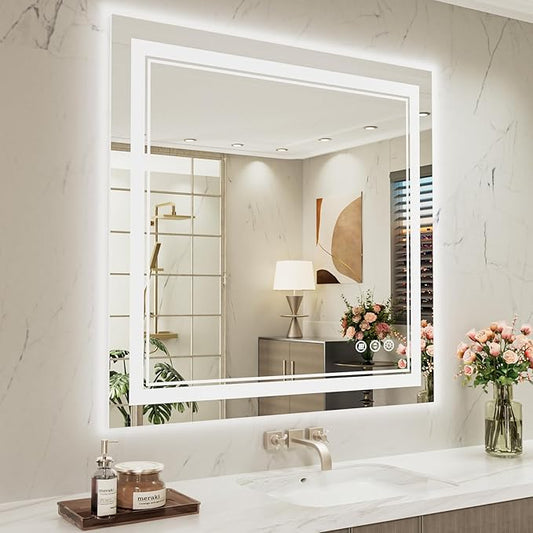 40 x 38 Inch LED Bathroom Mirror, Front Light and Backlit Anti-Fog Dimmable Memory Lighted Vanity Mirror, Shatterproof Wall-Mounted Led Mirror for Bathroom