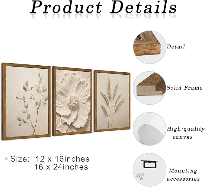 JLTULT 3 Piece Framed Neutral Beige Floral Canvas Wall Art, Modern Simple Texture Blossom Wall Decor, Vintage Botanical Flower Art Prints for Living Room Bedroom Farmhouse 12x16 inch Ready to Hang