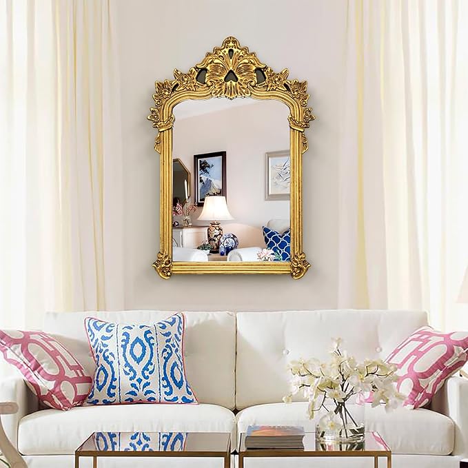 Baroque Vintage Mirror with Gold Arch Frame, Antique Ornate Mirror for Wall Decor, 21.7'' x 31.5'' Gold Wall Decor for Entryway, Fireplace, Living Room, Bathroom