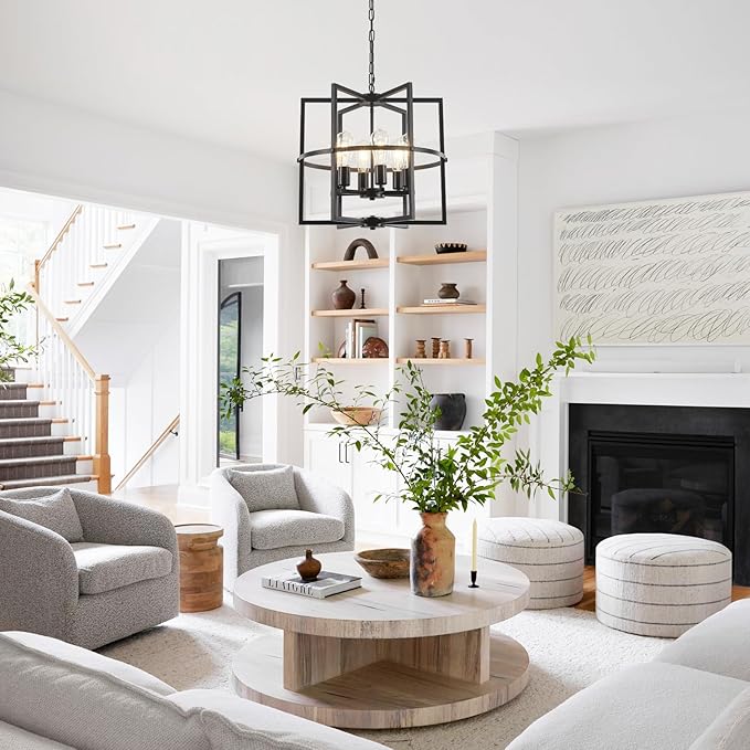 6-Light Black Farmhouse Chandelier for Dining Room, 19'' Modern Industrial Metal Cage Adjustable Hanging Pendant Light for Kitchen Island, Entryway, Hallway, Bedroom