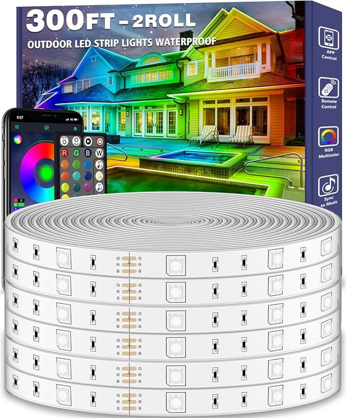 300ft Outdoor LED Strip Lights Waterproof,IP68 Outside Led Light Strips Waterproof with App and Remote,Music Sync RGB Exterior Led Rope Lights with Self Adhesive Back for Roof,Deck