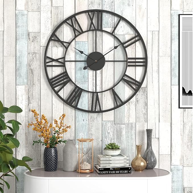 30 inch Large Metal Wall Clock, Industrial Indoor Outdoor Waterproof Art Decor Modern Clocks, European Retro with Oversized Roman Numerals, Silent Battery Operated Decor,Office,Kitchen, Loft