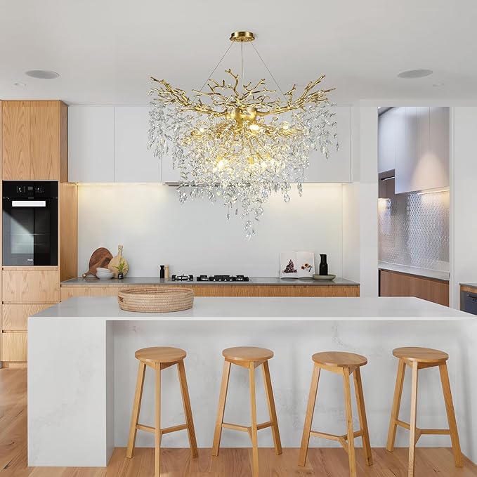 40 inch Crystal Chandelier for Dining Room, Round Gold Tree Branches Chandeliers, Top K9 Crystal Chandelier, Modern Chandeliers for Kitchen,Foyer Entryway