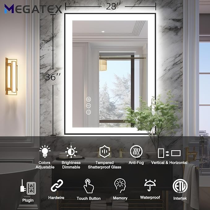 28x36 Lighted Bathroom Mirror, Wall-Mounted, Black Rim Mirror, Vanity(Front and Backlit), Stepless Dimmable CRI90+, Anti-Corrosion, Anti-Rust, Touch Sense, Memory(Horizontal/Vertical)