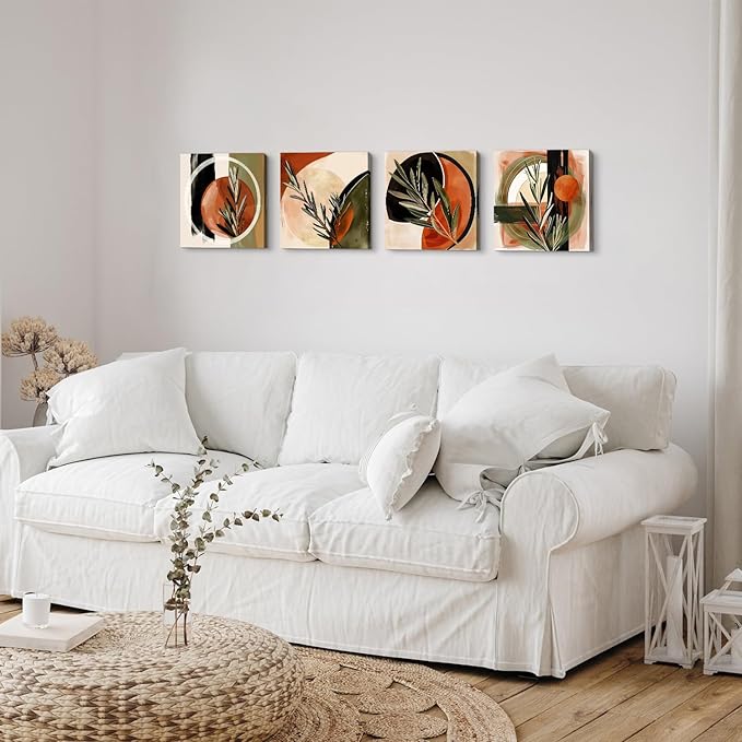 Boho Wall Art Beige Orange Mid Century Modern Wall Decor for Bedroom Abstract Geometric Canvas Painting Bathroom Green Plant Rosmary Minimalist Picture Artwork Living Room Home Decorations 12x12" 4P