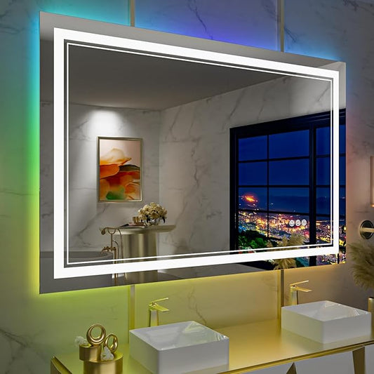 40x36 Inch RGB LED Bathroom Mirror with Lights, Color Changing RGB Backlit LED Mirror for Bathroom,Lighted Vanity Mirrors for Bathroom Wall, Dimmable, Anti-Fog (RGB Backlit+Front-Lit)