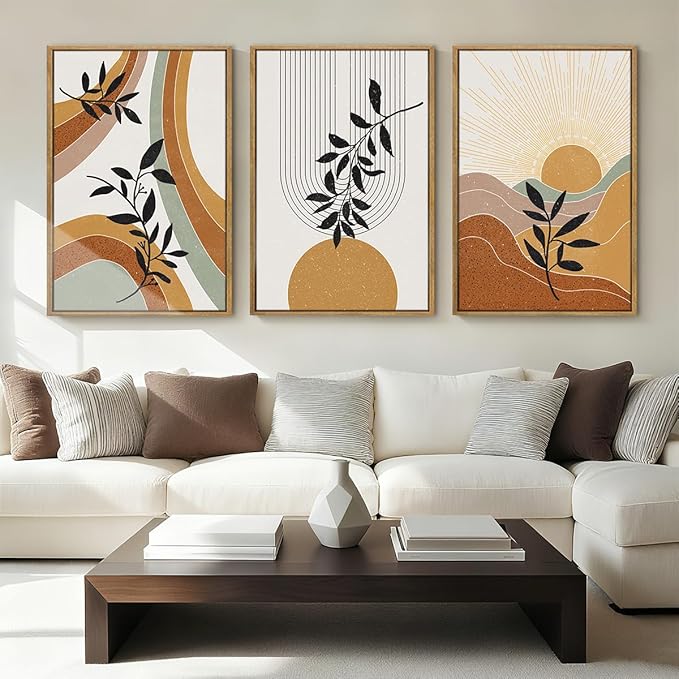 BINCUE Large Boho Framed Wall Art Painting Mid Century Modern Decor Prints for Living Room Bedroom Bathroom 16x24 Inch 3 Pieces