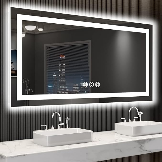 LOAAO 55X30 LED Bathroom Mirror with Lights, Anti-Fog, Dimmable, Backlit + Front Lit, Lighted Bathroom Vanity Mirror for Wall, Shatter-Proof, Memory Function, ETL Listed